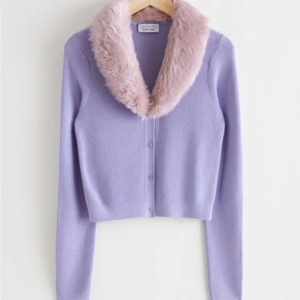 & Other Stories Lavender Faux-Fur Collar Knit Fitted Cardigan Sweater - Picture 2 of 7